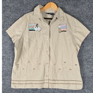 Basic Editions Women's Khaki Linen Blend Embroidered Western Scene Shirt Sz XL‎